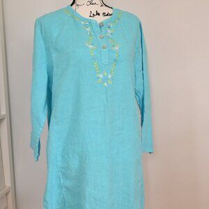 Hot Cotton Women's 100% Linen Aqua Blue Dress Tunic Embroidery Women's Size LG